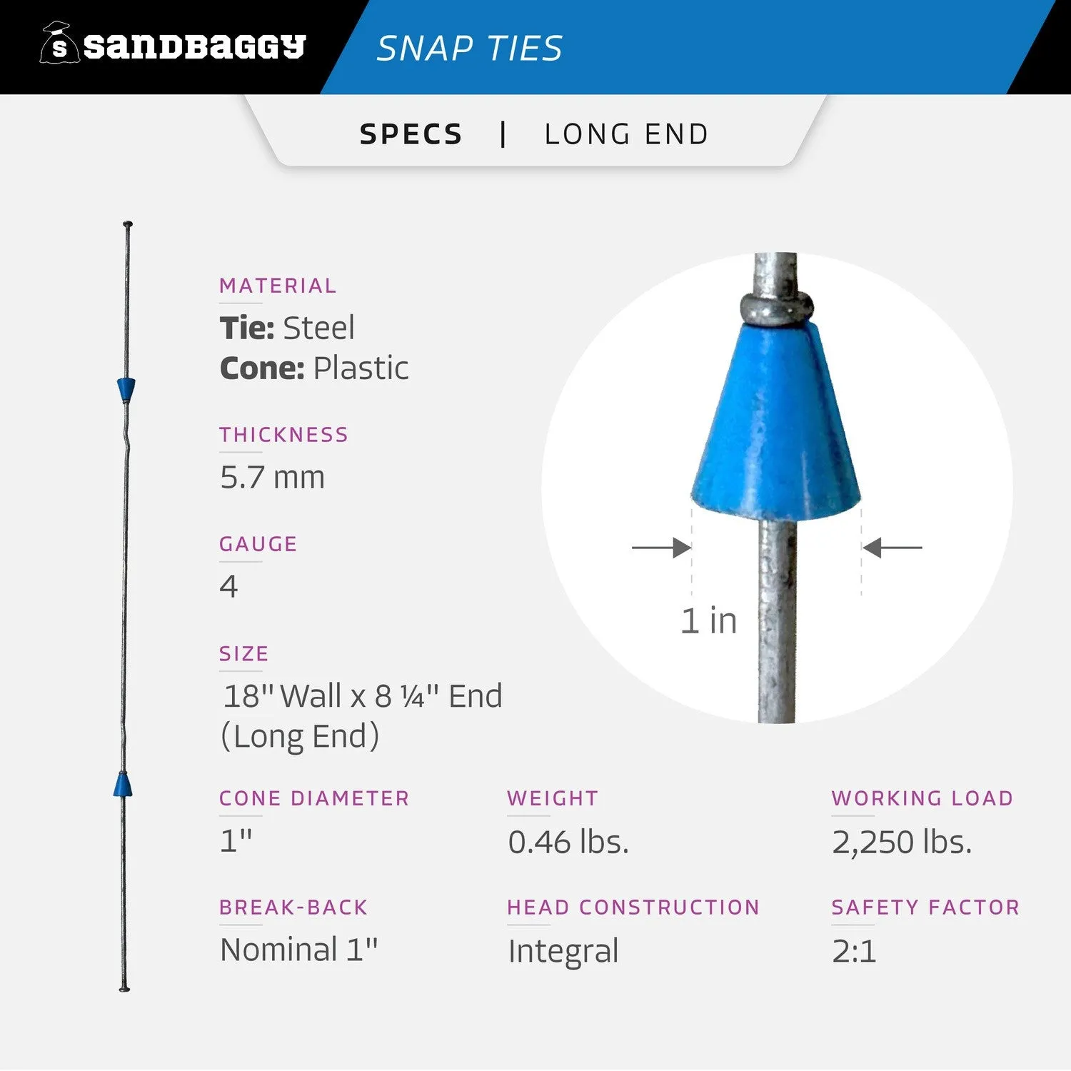 18" x 8 ¼" Standard Snap Ties For Concrete Forms (Long End) - 1" Plastic Cones