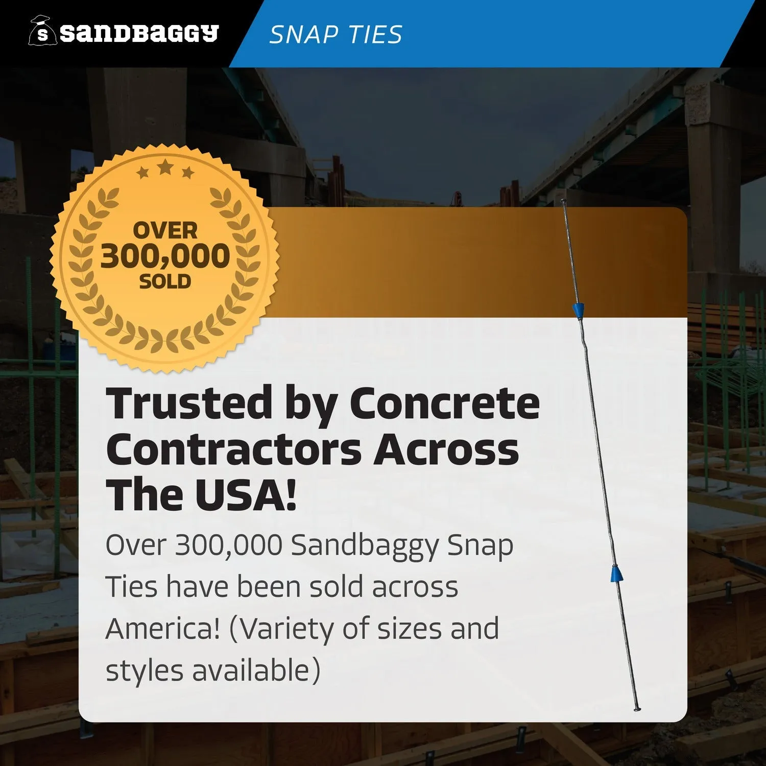 18" x 8 ¼" Standard Snap Ties For Concrete Forms (Long End) - 1" Plastic Cones