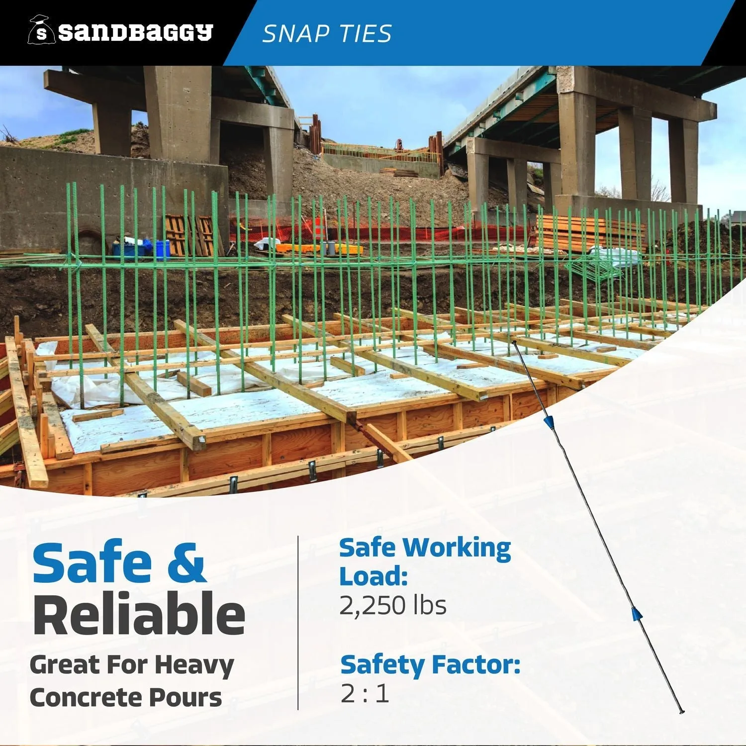 18" x 8 ¼" Standard Snap Ties For Concrete Forms (Long End) - 1" Plastic Cones