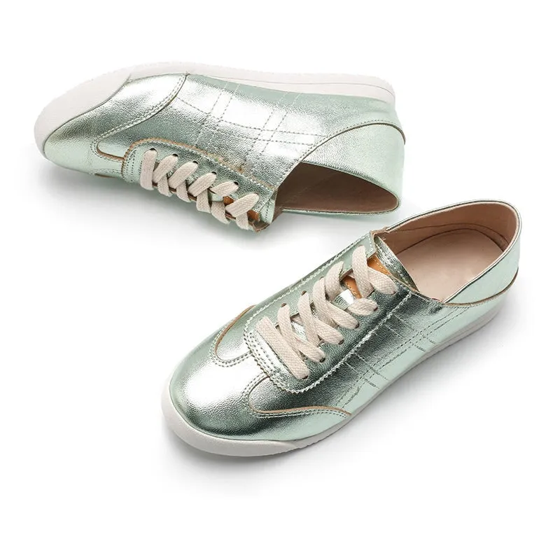Army Trainer Leather Low-top Sneakers for Women in Green/Yellow/Golden/Silver