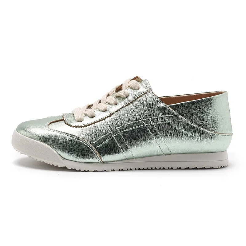 Army Trainer Leather Low-top Sneakers for Women in Green/Yellow/Golden/Silver