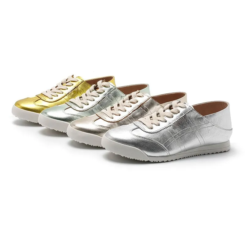 Army Trainer Leather Low-top Sneakers for Women in Green/Yellow/Golden/Silver