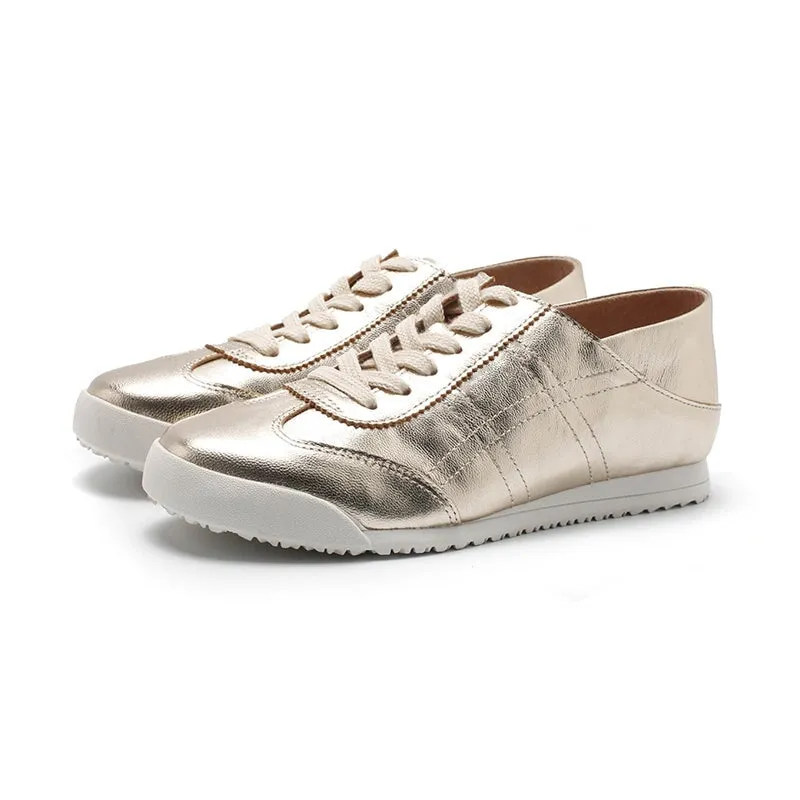 Army Trainer Leather Low-top Sneakers for Women in Green/Yellow/Golden/Silver