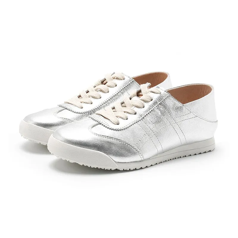 Army Trainer Leather Low-top Sneakers for Women in Green/Yellow/Golden/Silver