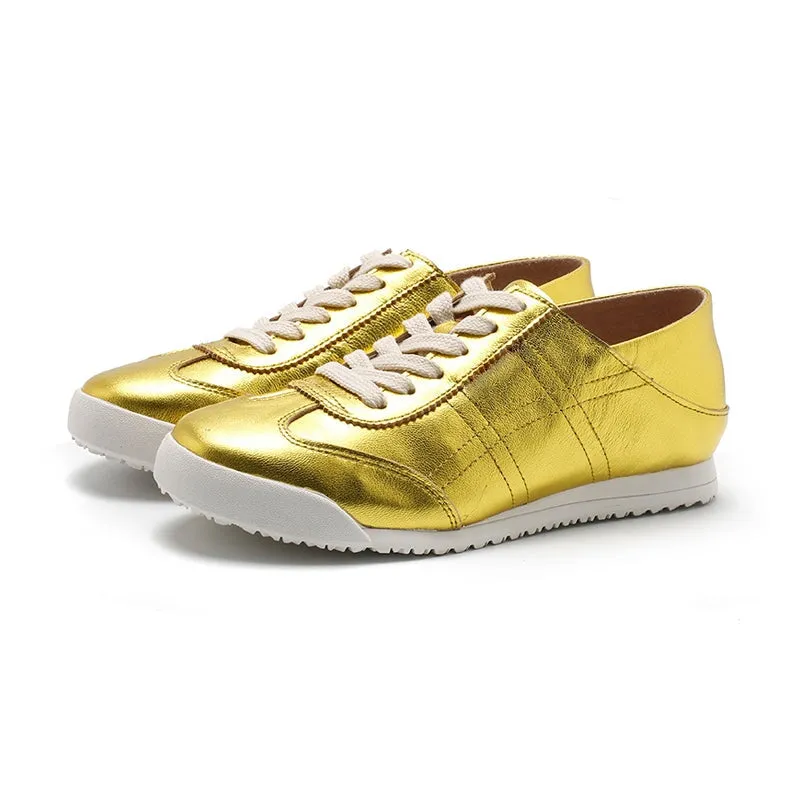 Army Trainer Leather Low-top Sneakers for Women in Green/Yellow/Golden/Silver