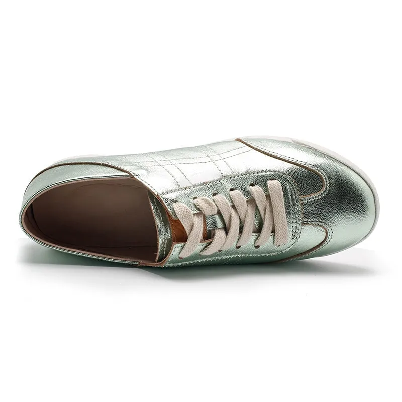 Army Trainer Leather Low-top Sneakers for Women in Green/Yellow/Golden/Silver