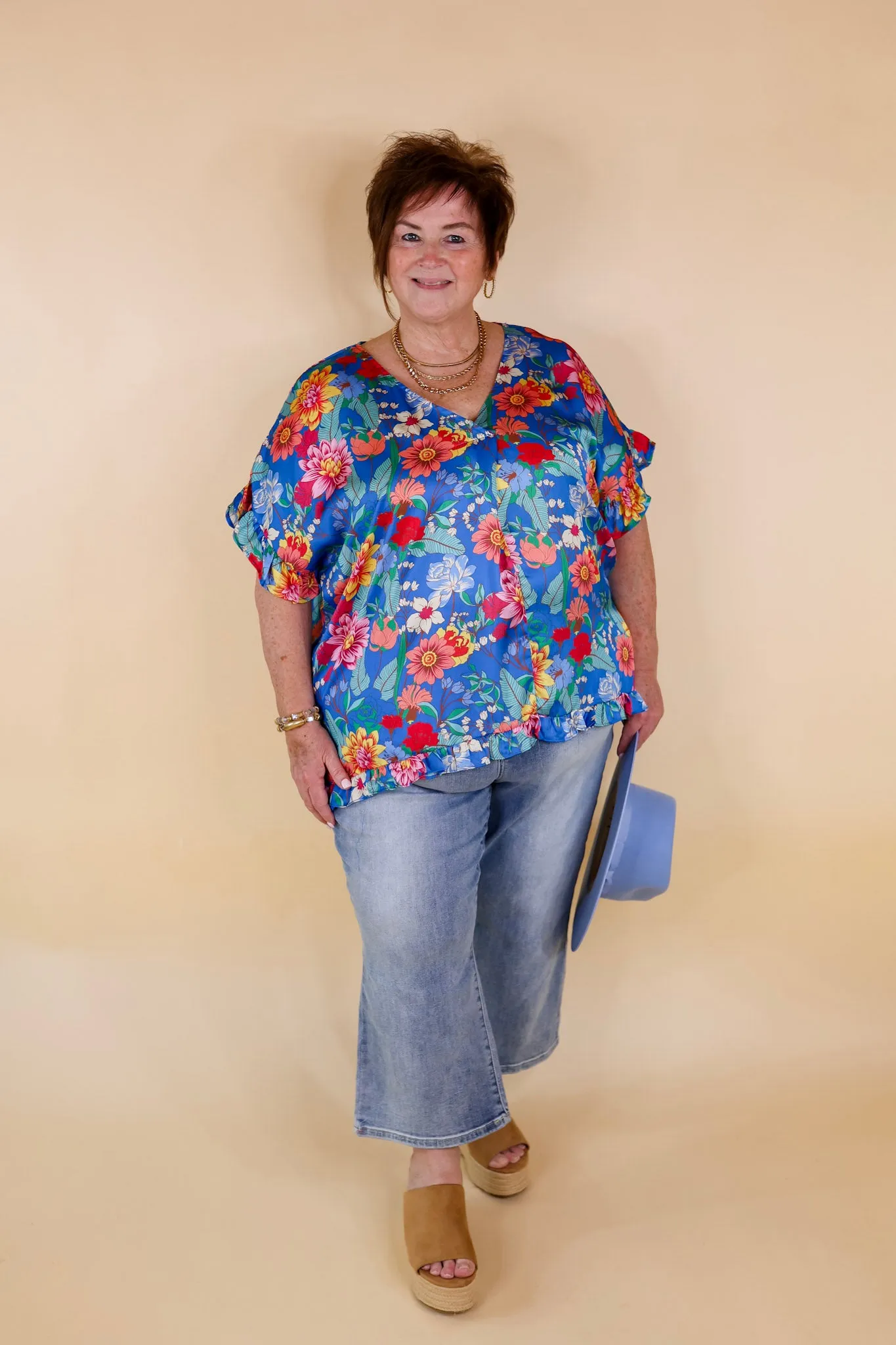 Blissful Mindset Floral V Neck Top with Short Ruffle Sleeves in Blue