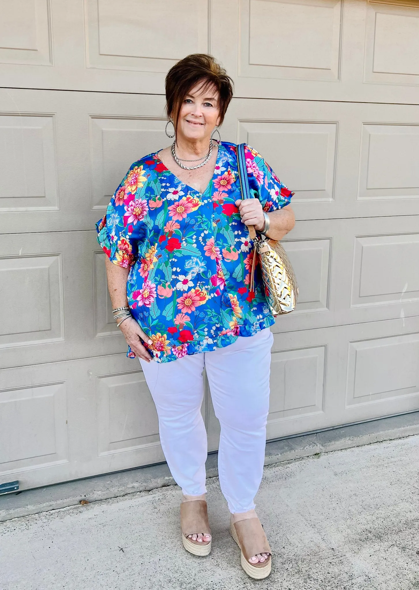 Blissful Mindset Floral V Neck Top with Short Ruffle Sleeves in Blue