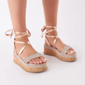Bora Bora Diamante Lace Up Flatform Sandal in Rose Gold