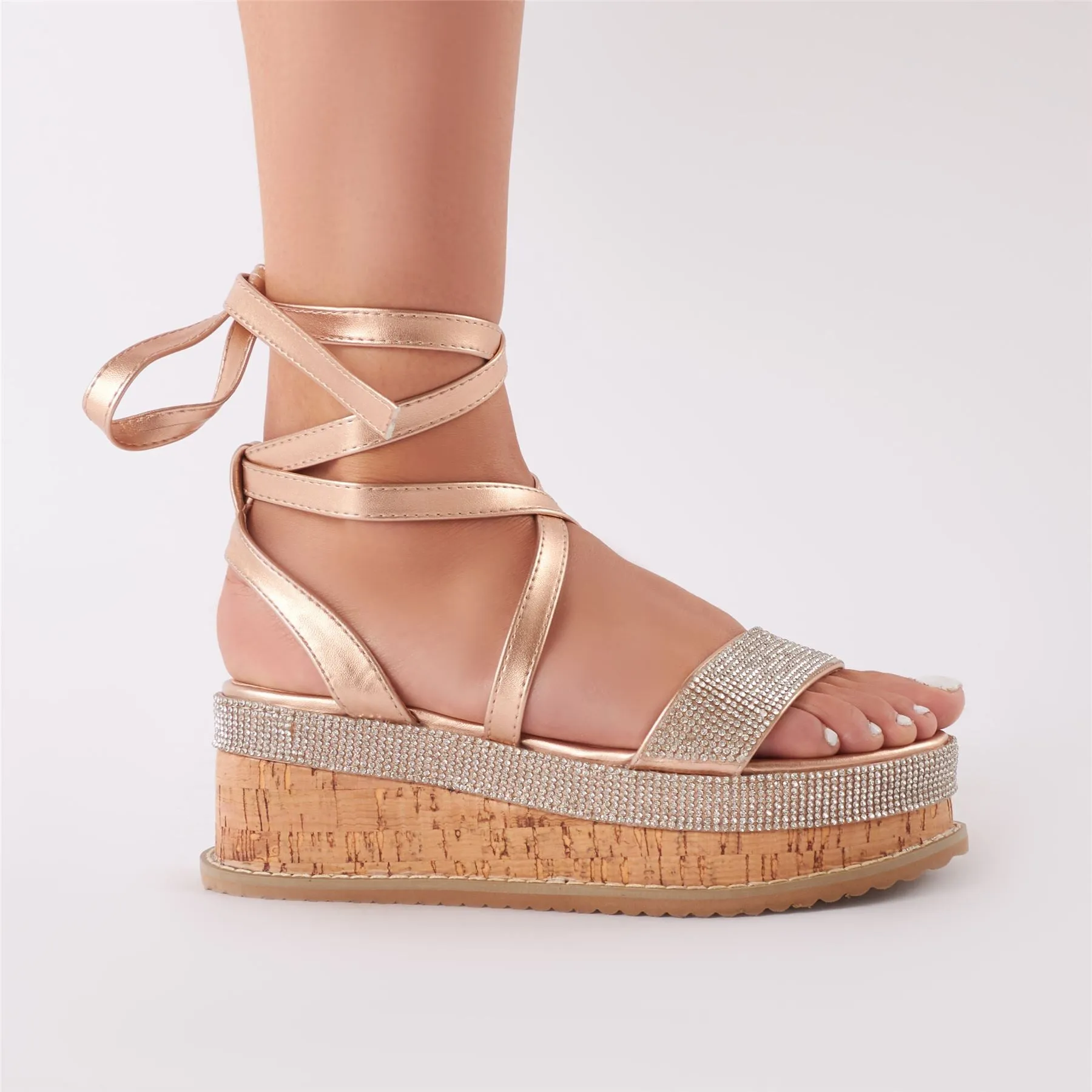 Bora Bora Diamante Lace Up Flatform Sandal in Rose Gold