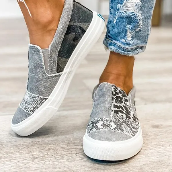 Kimemoda Pieced Raw Edge Animal Print Canvas Sneakers Slip-On Flats