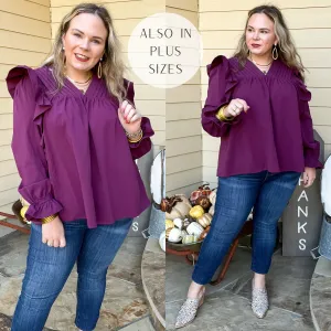Last Chance Size Small & Medium | Coffee Perks Ruffle Detail Long Sleeve Top in Eggplant Purple