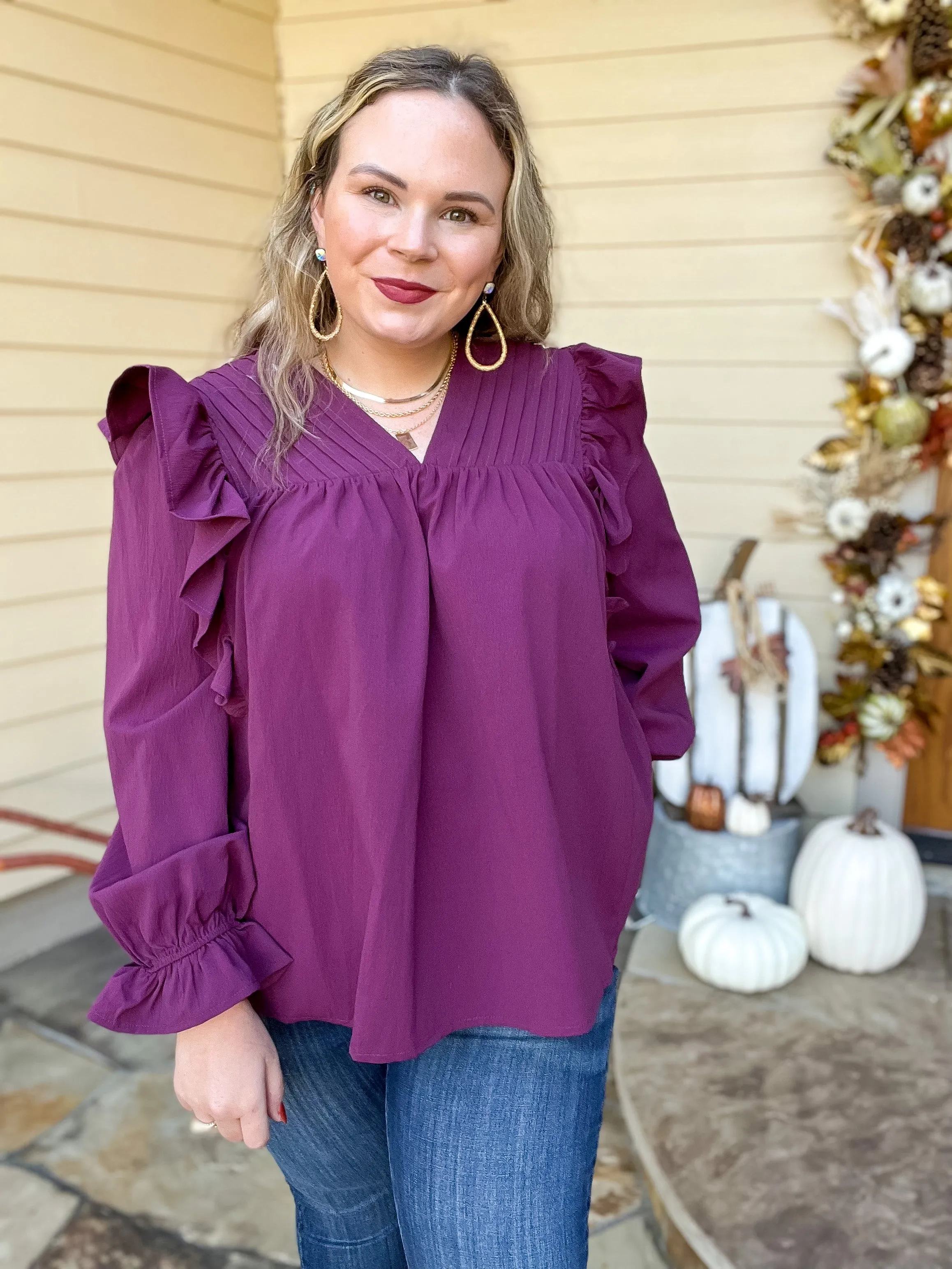 Last Chance Size Small & Medium | Coffee Perks Ruffle Detail Long Sleeve Top in Eggplant Purple