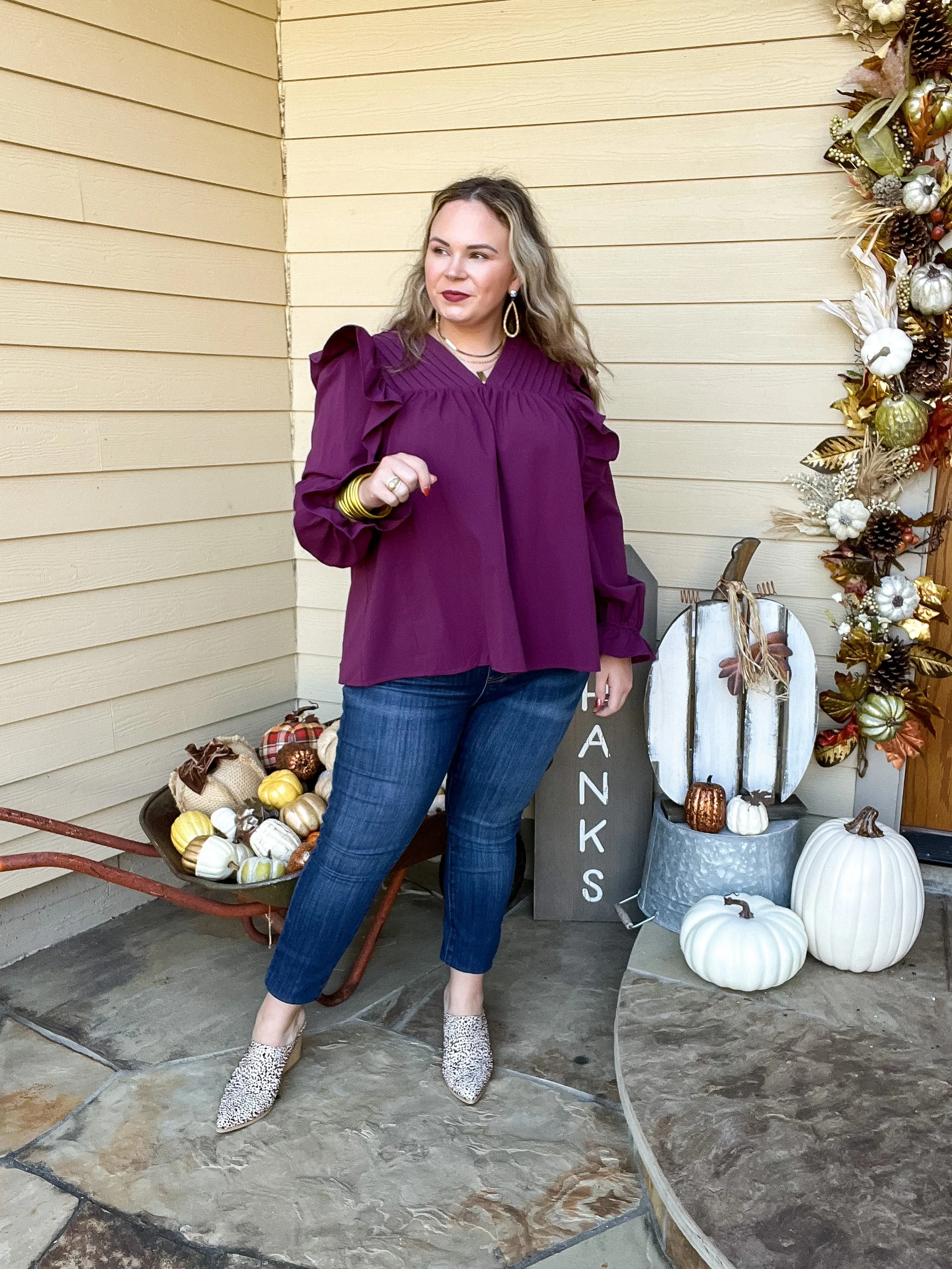 Last Chance Size Small & Medium | Coffee Perks Ruffle Detail Long Sleeve Top in Eggplant Purple