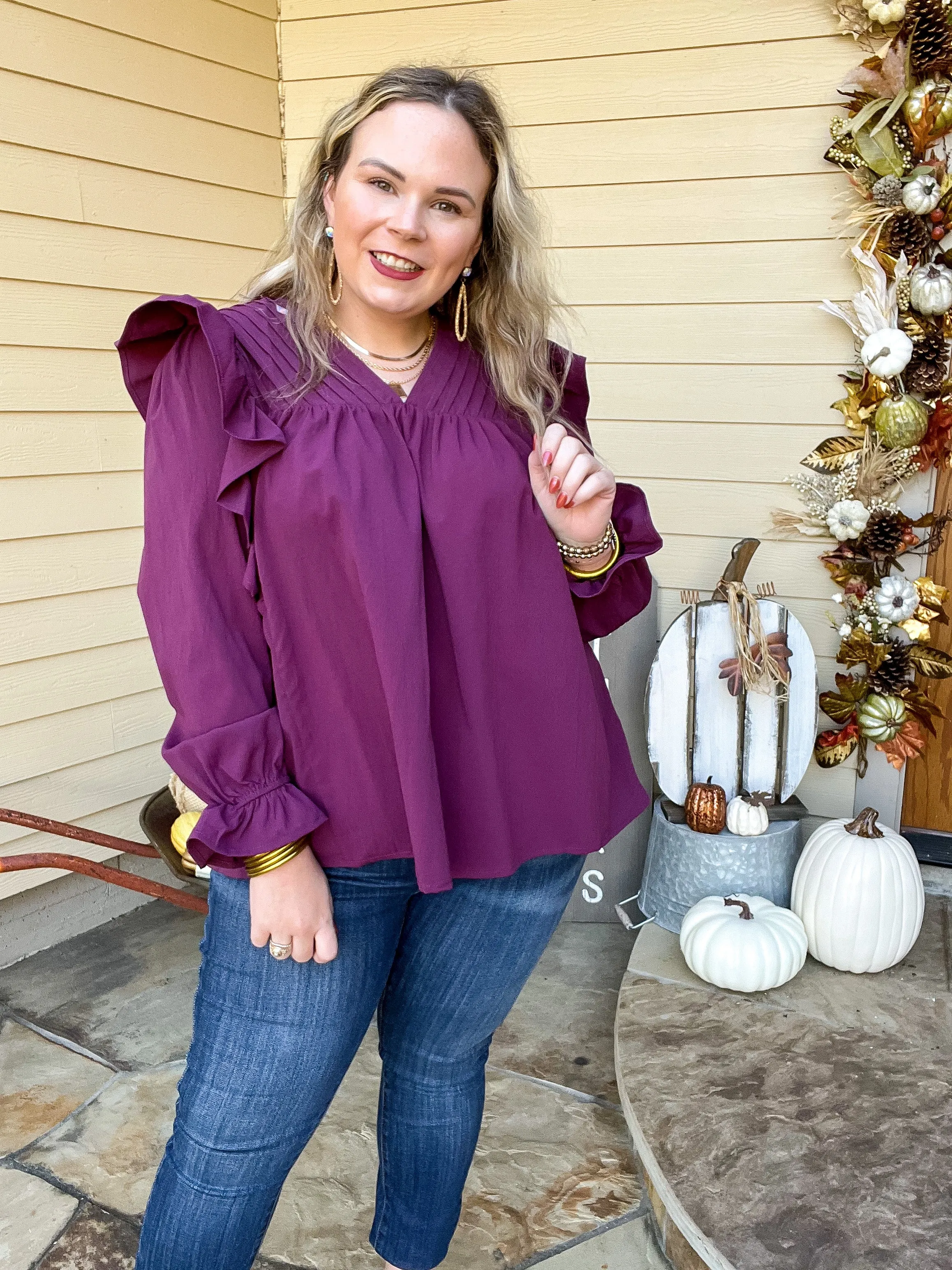 Last Chance Size Small & Medium | Coffee Perks Ruffle Detail Long Sleeve Top in Eggplant Purple
